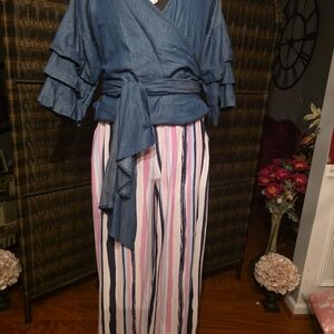 Bar III Denim Blue Wrap Top with Striped Wide Leg Pants